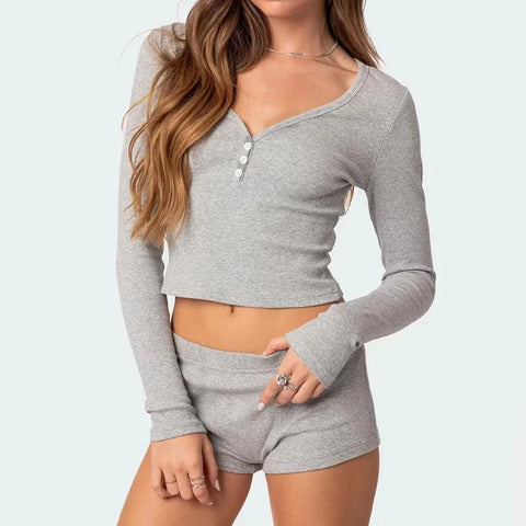 Sonicelife Solid Color Ribbed V-Neck Long Sleeve Crop Tops T-shirt and Shorts Sleepwear Outfits Women Pajamas Set 2 Pieces Loungewear Suits