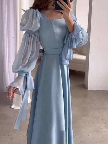 Sonicelife Eid women Party Dress woman Sweet Puff Sleeve Long Dress Square Collar Vestidos Largo Ramadan Abayas Dubai Arab Long Robe 2024