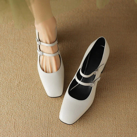 Sonicelife NEW Spring/Autumn Women Pumps Genuine Leather Shoes for Women Square Toe Chunky Heel Shoes Classics Mary Janes Handmade Shoes