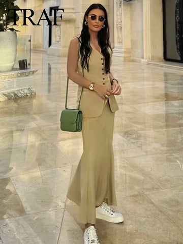 Sonicelife Women 2024 Fashion Summer Vest Skirt Sets Khaki V-Neck Sleeveless Pockets Waistcoats+High Waist Asymmetrical Skirt Suits