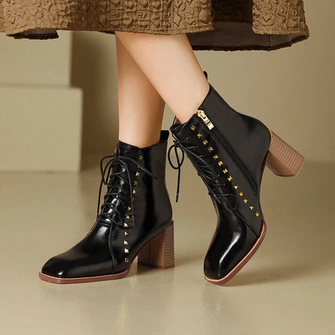 Sonicelife NEW Autumn Women Boots Square Toe High Heel Shoes for Women Split Leather Boots Women Zipper Rivet Modern Boots Botas de mujer