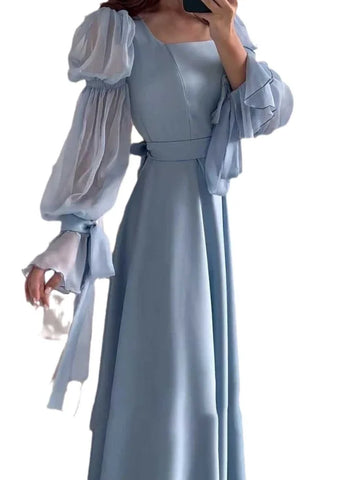 Sonicelife Eid women Party Dress woman Sweet Puff Sleeve Long Dress Square Collar Vestidos Largo Ramadan Abayas Dubai Arab Long Robe 2024