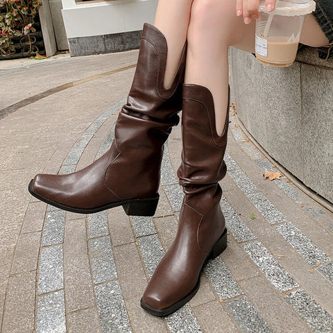 Sonicelife Autumn Women Boots Split Leather Shoes Women Round Toe Chunky Heel Boots Women Elegant Mid-calf Boots Leather Boots botas mujer