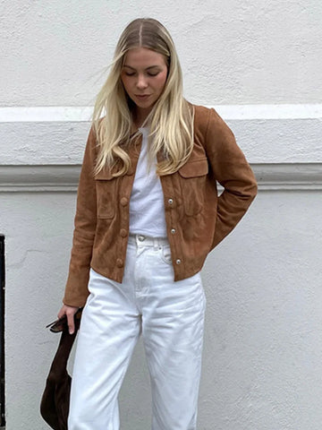 Sonicelife Casual Solid Color Suede Women's Short Jacket Single Breasted Slim Fit Long Sleeved Vintage Coats Chic Lady Fall Street Outwear