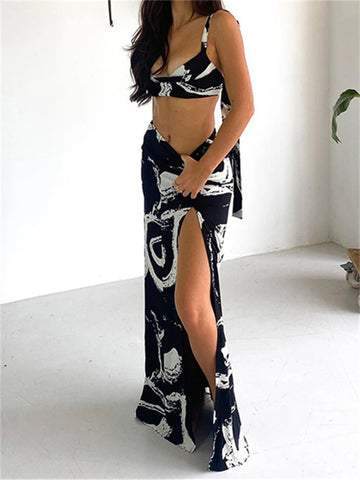 Sonicelife Graffiti Print Summer Two-Piece Dress Sets Chic Women's Party Beach Suits Tie-up Sling Crop Tank Tops+Ruched Long Skirts