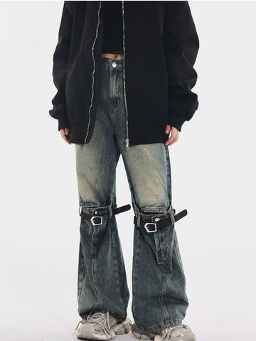 Sonicelife American Retro Washed Bell Bottom Jeans Y2k Grunge High Waist Loose Denim Pants 2024 New Straight Wide Leg  Women