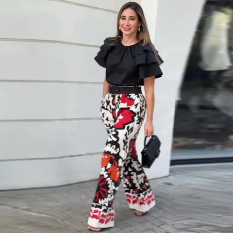 Sonicelife Two Pieces Pant Sets Print Pullover Tops Wide Leg Pants Loose Casual Women Matching Sets Ruffles 2024 Pockets Ankle Length