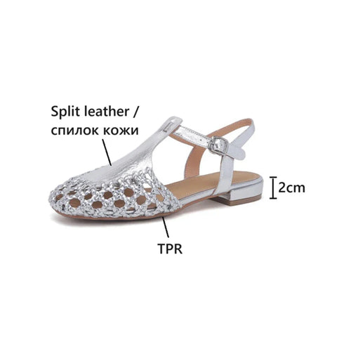 Sonicelife NEW Summer Women Sandals Split Leather Shoes for Women Round Toe Low Heel Shoes Hollow Sandals Cover Toe Slingback Designer Shoe