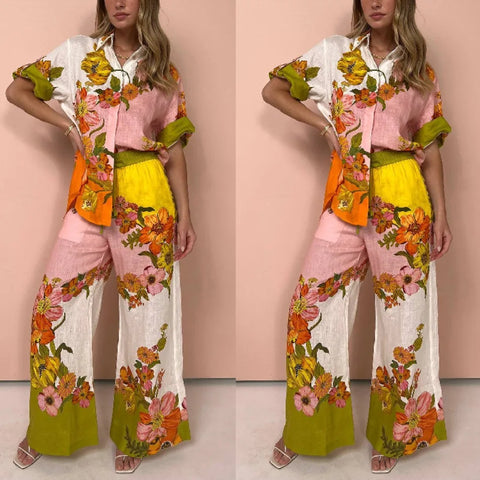 Sonicelife Floral Print 2 Pcs Shirt and High Waist Trousers Set
