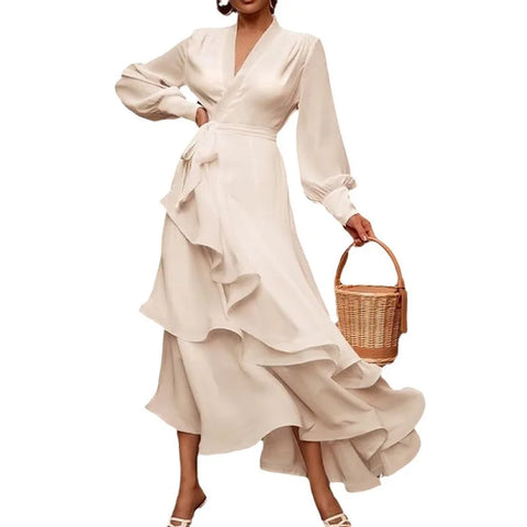 Sonicelife Ruffles Lantern Sleeve Dresses Women Ankle Length Spliced Vestidos Sexy V Neck Pullover Solid Basics Loose Fit 2024 Sashes