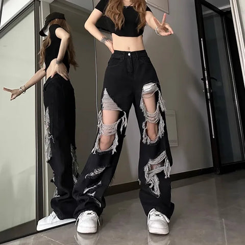 Sonicelife Vintage Hole Hollow Out Black Jeans for Women Y2k E-Girl High Waist Straight Denim Pants 2024 Summer New Loose Wide Leg