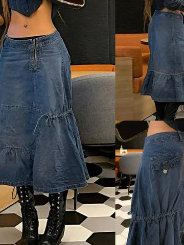 Sonicelife Women Skirts Denim Solid Color Vestidos Draw String Slim Party Dress Flounced Edge Sexy Wrap Buttocks High Street Patchwork