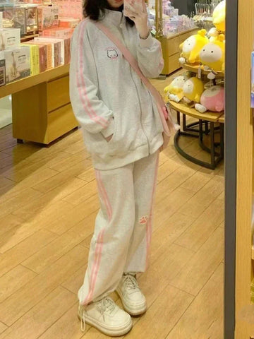 Sonicelife Harajuku Kawaii Pink Stripes Sweatpants Women Japanese Style Sweet Cute Cat Embroidery Trousers Soft Gril Y2k 2024 Chic