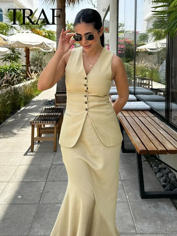 Sonicelife Women 2024 Fashion Summer Vest Skirt Sets Khaki V-Neck Sleeveless Pockets Waistcoats+High Waist Asymmetrical Skirt Suits