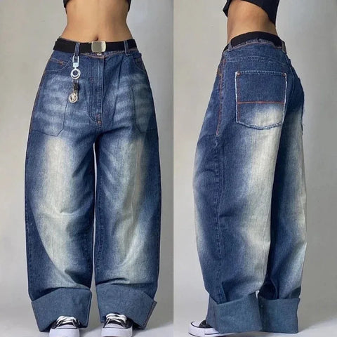 Sonicelife Street Vintage Jeans New Y2K Harajuku Wash Blue Multiple pockets Baggy Jeans Denim Pants Mens Womens High Waist Wide Trousers