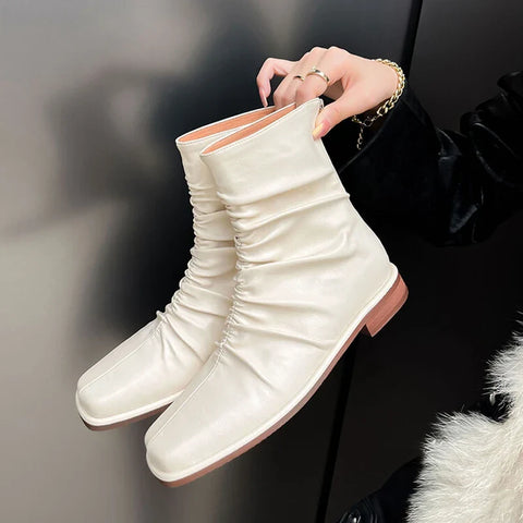 Sonicelife NEW Autumn Women Boots Square Toe Low Heel Ankle Boots Women Microfiber Shoes for Women Slip-on Black Boots Pleated Ladies Shoes