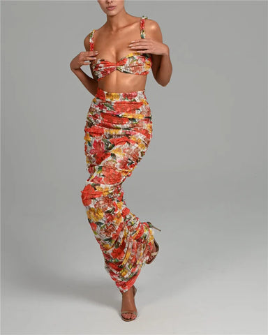 Sonicelife Floral Spaghetti Straps Bra Top and Skirt Set