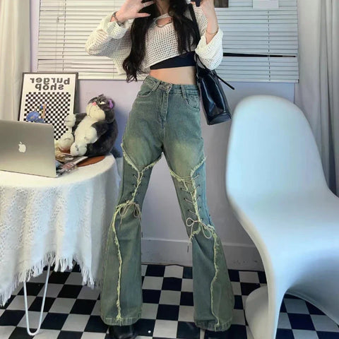 Sonicelife New high street women clothing bow raw edge strap micro-flare jeans women Y2k retro high waist Korean version trendy pants