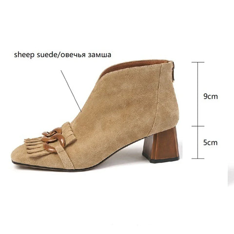 Sonicelife NEW Women Boots Sheep Suade Round Toe Square Heel Mid-Heel Ankle Boots Fringed Zipper Fashion Solid Office Lady Shoes Plus Size