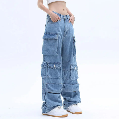 Sonicelife Y2K New Multi-Pocket Heavy Industry High-Quality Best-Selling Jeans Women Street Hip-Hop Straight High Waist Wide-Leg Pants 2023