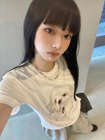 Back To School Sonicelife Kawaii Dog Print T-shirts Women Funny Graphic White Tees Short Sleeve Top Korean Fashion Casual Aesthetic Cotton Clothes