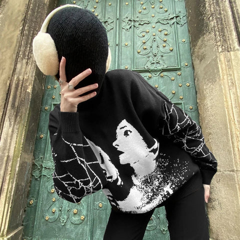 Back To School Sonicelife 2024 Fall Fashion  Y2K Goth Harajuku Portrait Print Pattern Long Sleeve Knit Men Pullover Winter Streetwear Casual Grunge Women Pullover Sweater