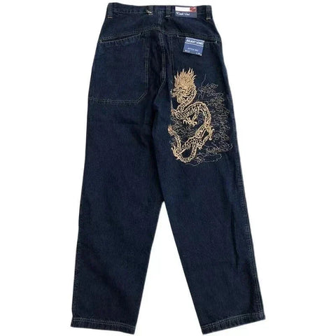 Sonicelife Y2k Baggy Jeans Harajuku Hip Hop Dragon Pattern Retro Black Oversized Baggy Jeans Men Women New Gothic Wide Trousers Streetwear