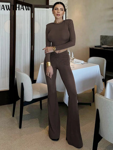 Sonicelife Women 2024 Spring Autumn Long Sleeve Crop Tops Long Pants Two Piece Matching Sets Outfits Wholesale Items For Business