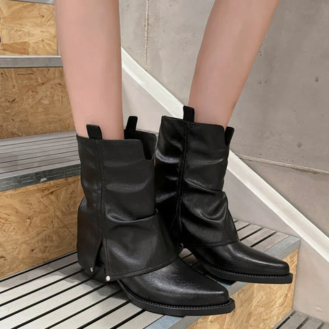 Sonicelife NEW Autumn Women Boots Split Leather Shoes for Women Pointed Toe Chunky Heel Shoes Slip-on Short Boots Retro Rivet Pants Boots
