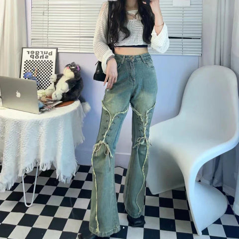 Sonicelife New high street women clothing bow raw edge strap micro-flare jeans women Y2k retro high waist Korean version trendy pants