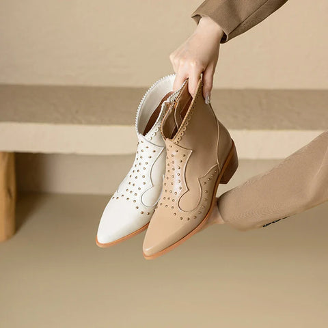 Sonicelife NEW Autumn Women Boots Genuine Leather Shoes for Women Pointed Toe Chunky Heel Shoes Zip Beige Short Boots Rivet Designer Boots