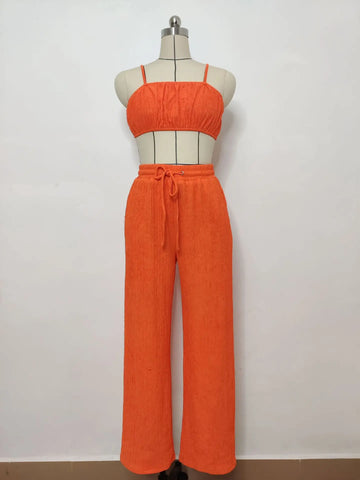 Sonicelife-Pleated Smocked Vest Drawstring Long Pants Suits