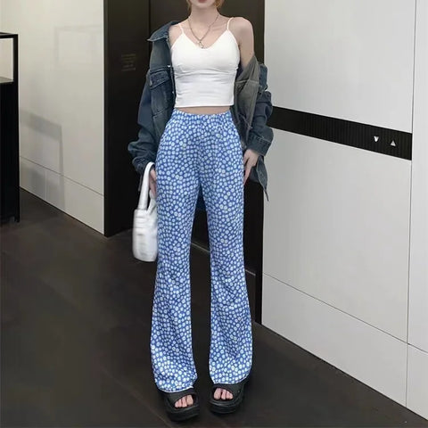 Sonicelife Korean Summer Daisy Floral Print Blue Pants Y2k E-Girl High Waist Thin Flare  2024 New Loose Wide Leg  Women