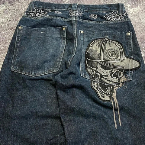 Sonicelife Y2k Hip Hop American Wide Leg Pants Gothic Zipper Skull Embroidered Jeans Men Harajuku Vintage High Waist Casual Jeans Unisex