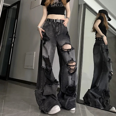 Sonicelife Vintage High Waist Denim Pants Ripped Jeans Women Fashion Loose Wide Leg Straight  Y2k Washed Streetwear Female