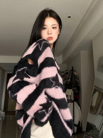 Black Friday Sonicelife Harajuku Striped Sweater Oversize Y2k Style Pink Detachable Sleeves Star Print Jumpers Gothic Winter Korean Alt Clothes