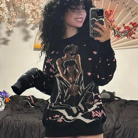 Back To School Sonicelife 2024 Fall Fashion  Hip Hop Knitted Men Women Abstract Comic Couple Pattern Sweater Harajuku Fashion Loose Tops Casual Streetwear Pullover Sweater