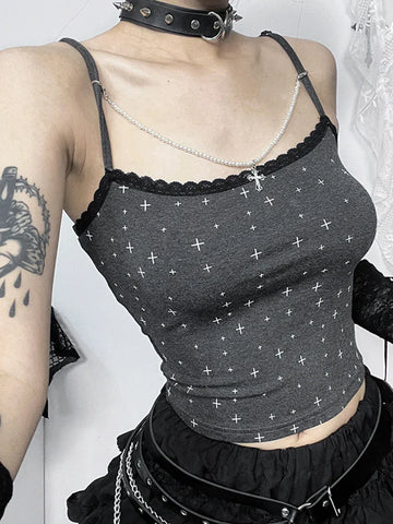 Sonicelife Women's Elegant Directional Design Tops 2024 New Simple Lace Splicing Printed Cross Printed Camisole Tank