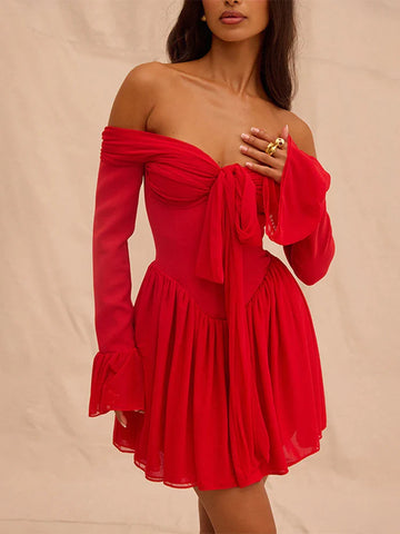 Sonicelife Elegant Strapless Backless Sexy Mini Dress For Women Red Off-shoulder Long Flare Sleeve Pleated Club Party Dress 2024