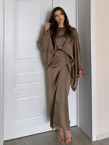 Sonicelife Eid women 2 Piece Set for woman Satin Bat Sleeve Shirt &Skirt Ramadan Woman Kimono Robe Caftan 2024 Musulman Ensembles suits