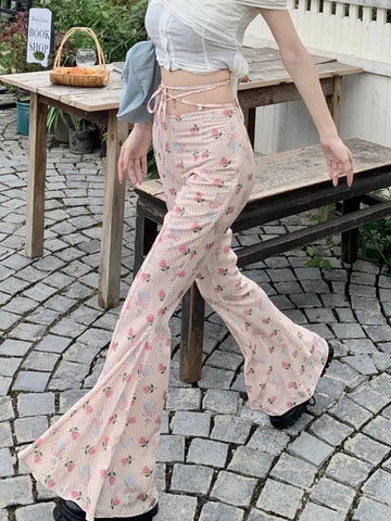 Sonicelife Sweet Floral Print Casual Pants for Women Sumemr Slim Fit Ruffles Flare  Y2k E-Girl High Waist Loose Wide Leg