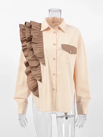 Sonicelife Aynaray 2024 Autumn Winter Women Elegant Ruffles Shirt Solid Khaki Casual Long Sleeve Blouse Female