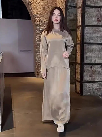 Sonicelife Women Eid Satin Muslim Sets Solid Side Zipper Shirt Skirt Ramadan Dubai Outfits Arab Two Pieces Dress Abaya Kaftan Suit Robe