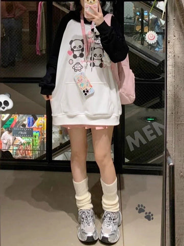 Black Friday Sonicelife Kawaii Panda Print Hoodies Women Anime Long Sleeve Sweatshirt Female US(Origin) Style Oversized Streetwear Cutecore Clothes