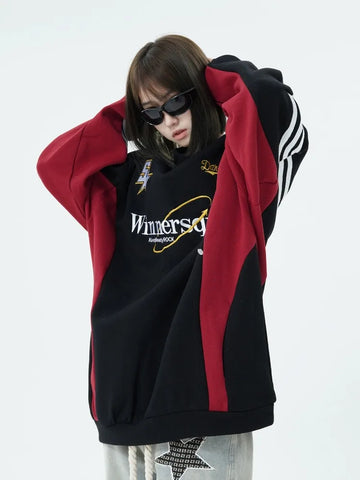 Black Friday Sonicelife Patchwork Embroidery Hoodies Women Oversize Streetwear Harajuku Sweatshirts Sport Long Sleeve Turn-down Collar Kpop Tops