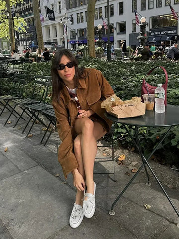 Sonicelife Fashion Single Breasted Women's Suede Jacket Vintage Solid Lapel Full Sleeve Pockets Short Coats Autumn Ladies Street Outerwear
