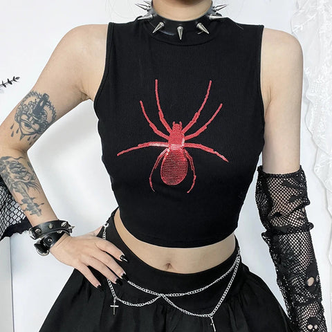 Sonicelife Women's Gothic Tops Music Festival See-through Fashion Slim Cross Decorative Hollow Spider Beaded Embroidered Vests