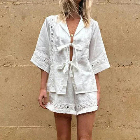 Sonicelife Women's 2Pieces Lace Patchwork Set Short Sleeve Front Bow Tie-up Lapel Collar Shirts +Drawstring Waist Shorts Outfits