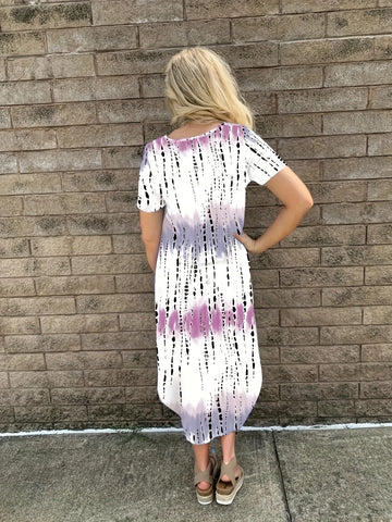 Sonicelife Summer new casual long skirt, round neck, short sleeves, loose tie-dye printed pocket dress for women