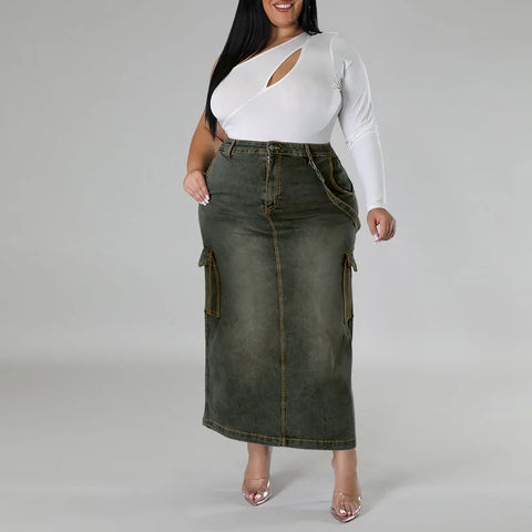 Sonicelife Denim Skirts Solid Zipper Fly Pencil Dress Washed Distressed Sexy Wrap Buttocks Ankle Length Skirt Spliced Basics Slim Fit